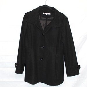 Kenneth Cole Coat w/ Removable Hood, 14, Black, Hip-Length, Button Front